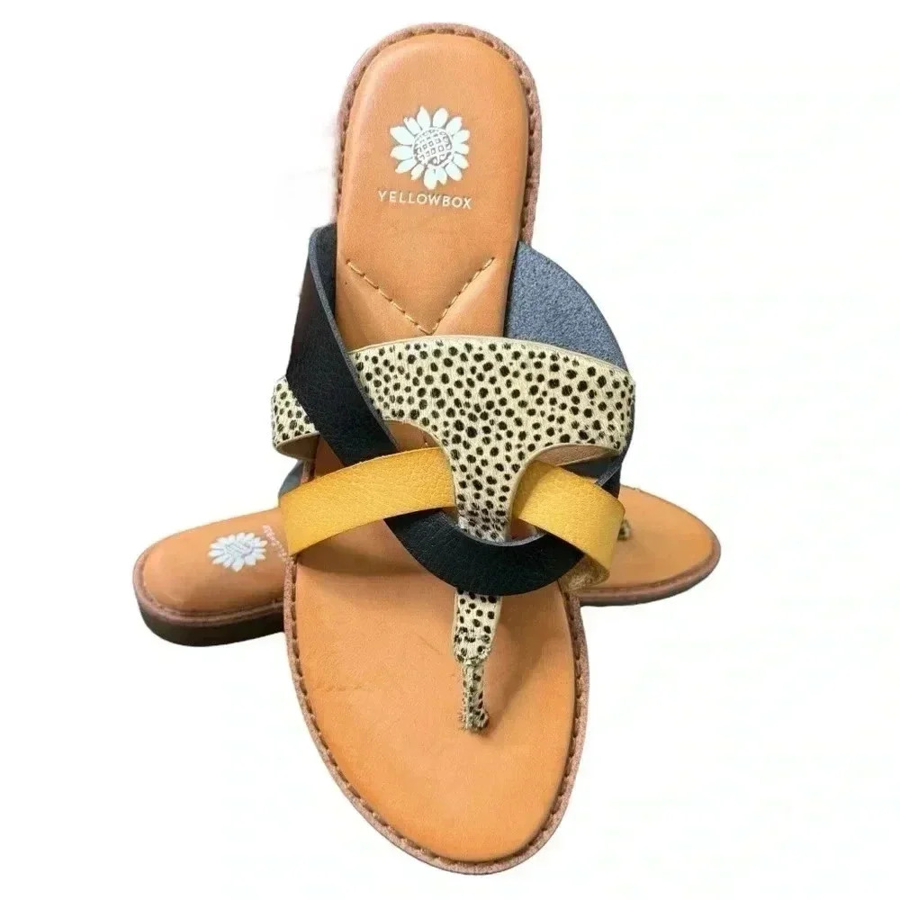 Yellow Box Animal Print Leather Criss Cross Thong Sandal Size 9.5
